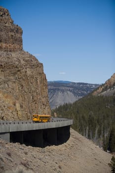 Bus on the road, Yellowstone Lake, Yellowstone National Park, Wyoming, USA