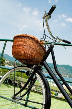 Bicycle leaning against a railing, Italian Riviera, Santa Margherita Ligure, Genoa, Liguria, Italy