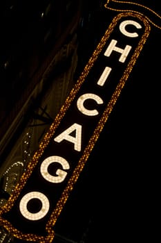 Low angle view of an information board, Chicago Theater, Illinois, USA