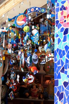 Toys hanging in a shop, Barcelona, Spain