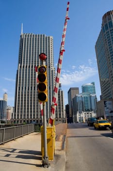 Traffic light with a barricade near the road, Chicago, Illinois, USA