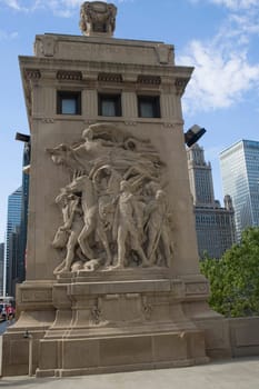 Sculpture carving on a wall, Michigan Avenue Bridge, Chicago, Illinois