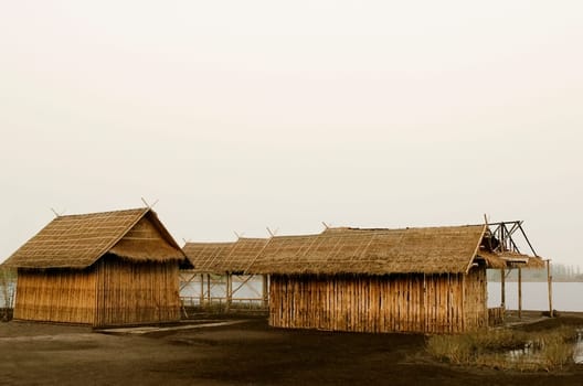 Thatched roof huts at a riverbank, Bangkok, Thailand