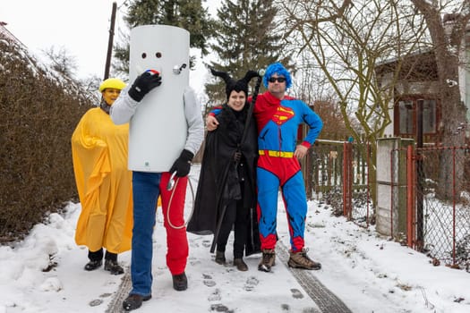 PUKLICE, CZECH REPUBLIC - FEBRUARY 29, 2020: Peoples in mask attend Masopust or the Mardi Gras carnival, traditional ceremonial door-to-door procession. February 29, 2020 in Puklice, Czech Republic