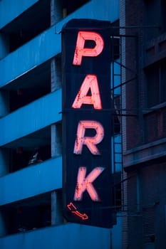 Low angle view of a lit neon sign, New York City, New York State, USA