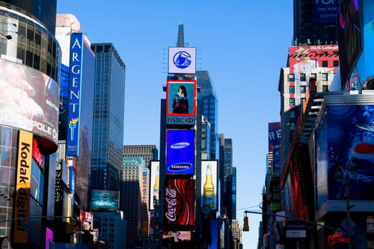 Low angle view of buildings in a city, Times Square, Manhattan, New York City, New York State, USA