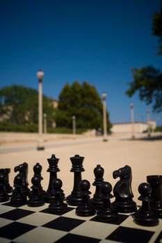 Close_up of chess pieces on a chess board, Chicago, Illinois, USA