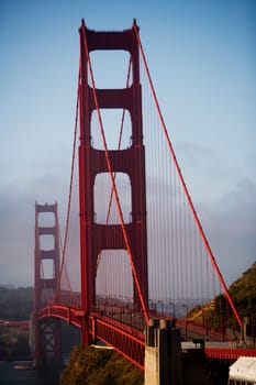 Suspension bridge across the sea, Golden Gate Bridge, San Francisco Bay, San Francisco, California, USA