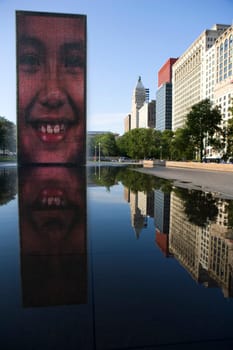 Poster at the poolside, Crown Fountain, Millennium Park, Chicago, Illinois, USA