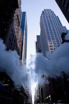 Low angle view of smoke in a street, 43rd Street, Bryant Park, New York City, New York State, USA