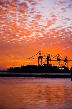 Silhouette of cranes at a commercial dock at dusk, Port Of Miami_Dade, Miami, Florida, USA