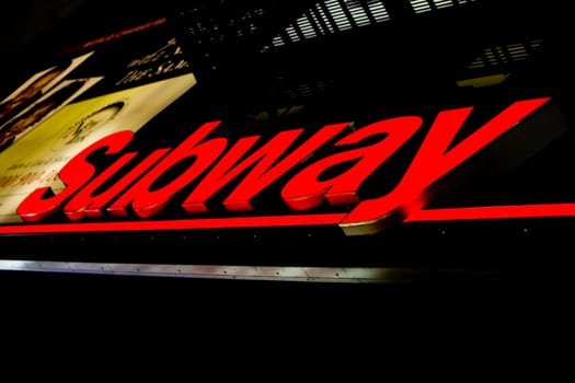 Low angle view of a subway station neon sign, Manhattan, New York City, New York State, USA