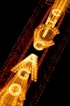 Low angle view of Chicago neon sign lit up at night, Chicago Theatre, Chicago, Illinois, USA