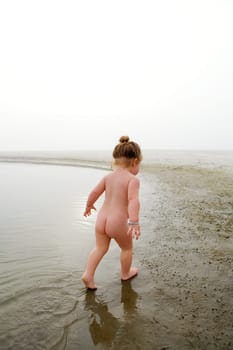 Rear view of a baby girl walking on the beach