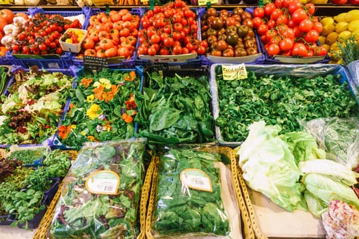 Fruit and vegetable market. Lots of different fresh fruits and vegetables.