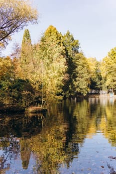 Reflection of autumn trees in the lake. Beautiful autumn landscape on the lake. Beautiful autumn landscape.