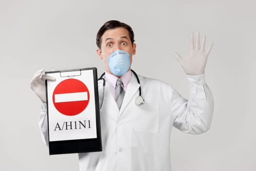 Doctor wearing a flu mask and showing Do Not Enter sign