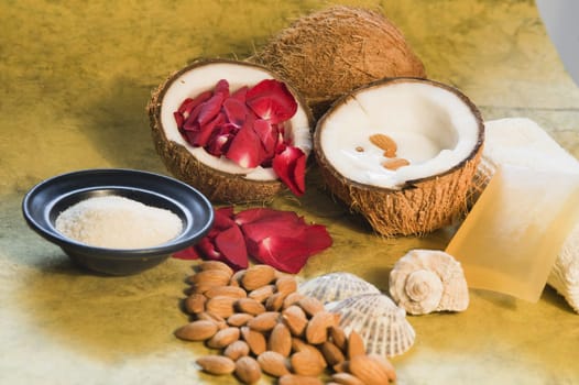 Close_up of spa scrub with coconut and rose petals