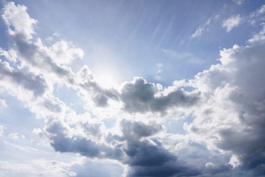 Blue sky with clouds and sun. Beautiful photo of the sun with clouds. The sun behind the clouds.