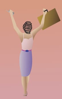 Businesswoman holding a briefcase with her arms raised
