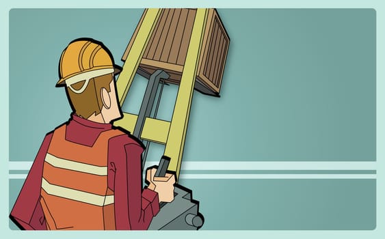 Rear view of a man controlling levers on a forklift
