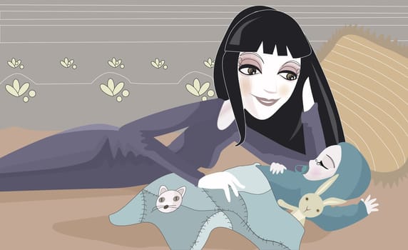 Mother lying down with her baby girl on the bed