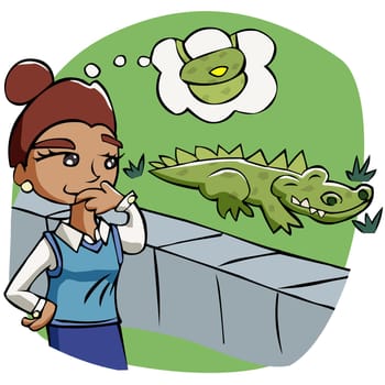 Woman looking at a crocodile and thinking of a crocodile skin bag