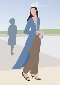 Woman walking on the sidewalk