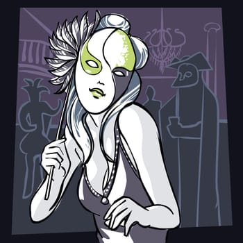 Woman holding a mask in front of her face