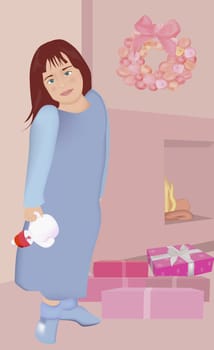 Girl standing beside a Christmas present