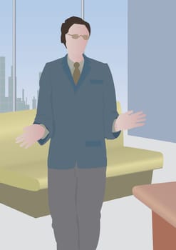 Businessman standing in an office with his hands outstretched