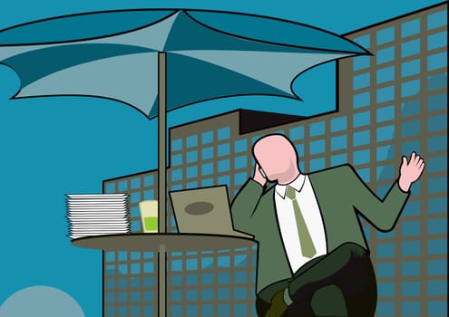 Man talking on a mobile phone under an umbrella