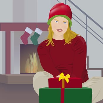 Woman sitting in front of Christmas presents