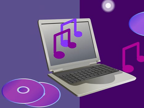 Laptop with CD's and musical notes