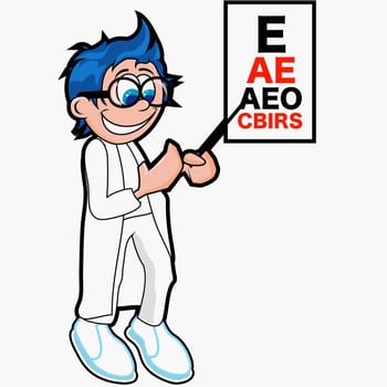Doctor standing in front of an eye chart