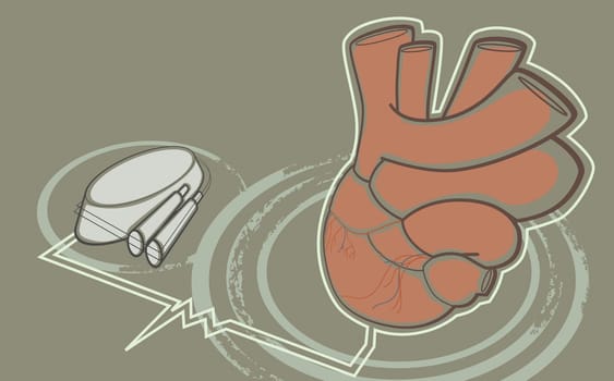 Human heart with a medical tray and two syringe