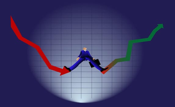 Businessman standing on two line graphs
