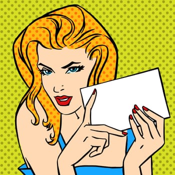 The girl with the letter. Girl in vintage style pop art. Retro comic book background