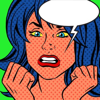 Girl in vintage style pop art with bubble for text. The woman yells. Retro comic book background