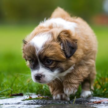 Small dog puppy while exploring the garden.