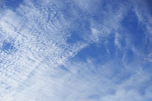 Early morning cloudy blue sky background with mackerel sky and other cloud types