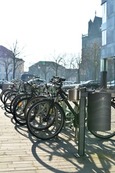 Bicycles on a bicycle rack in the city centre of Magdeburg
