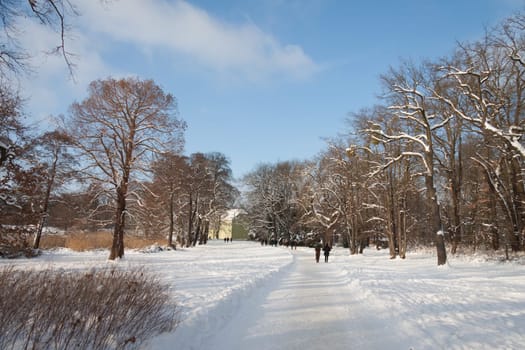 Park in the snow with passers-by