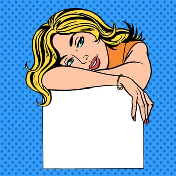 Pop art vintage comic. A woman with a poster and place for text. Girl in retro style. Advertising