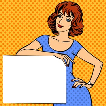 Pop art vintage comic. A woman with a poster and place for text. Girl in retro style. Advertising