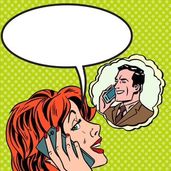 Pop art vintage comic. The woman speaks to the man on the phone. Retro style. Bubble for text. Technology and relationships
