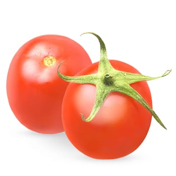 Isolated tomatoes. Two whole ripe tomato on white background. Full depth of field. Package design element with clipping path