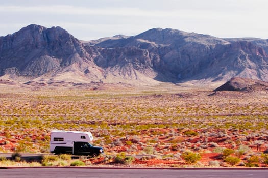 High angle view of a motor home passing through an arid landscape, Las Vegas, Nevada, USA