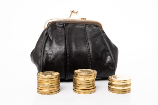 Purse with money isolated on white background