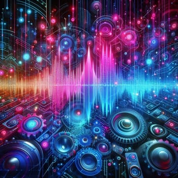 artificial intelligence generated image of an abstract representation of a sound wave showcases colorful spectrum patterns.